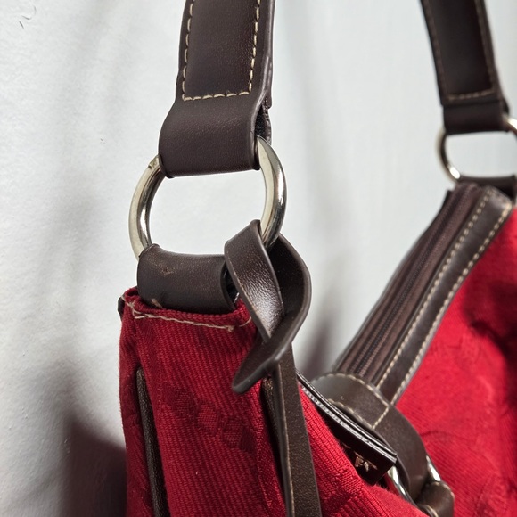 CHAPS Est. 1978 Red Cloth Brown Strap Shoulder Bag - Picture 8 of 9